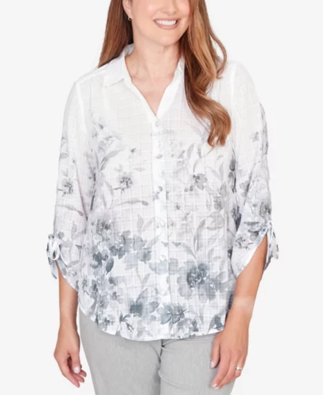 Petite Watercolor Print Button-Front Collared Top - Pearl