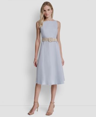 Women's Belted Fit And Flare Boat Neck Midi Dress