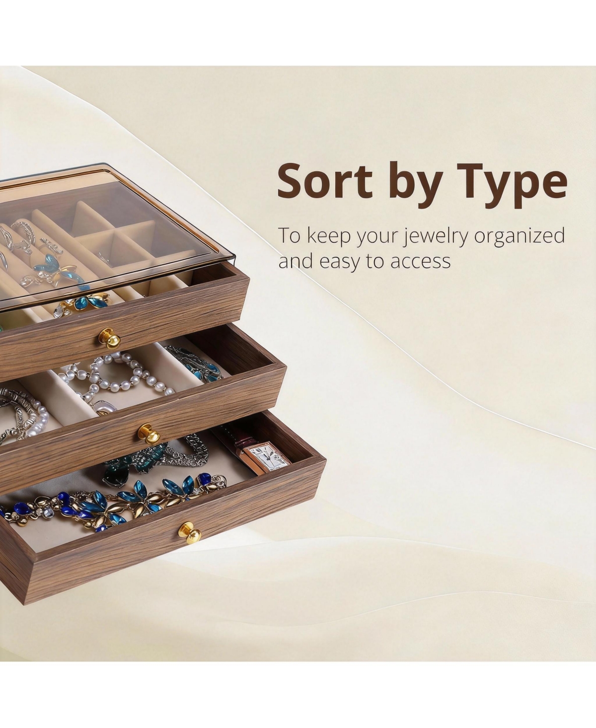 Yigii 3-Layer Acrylic & Wood Jewelry Organizer with Velvet Lining