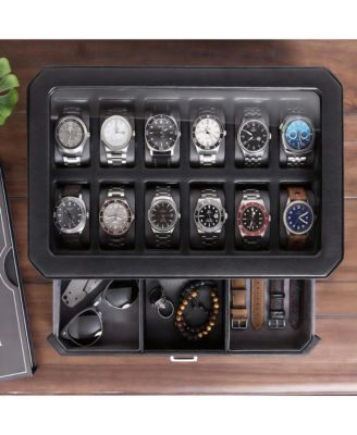 Luxury Watch Box - 12 Watches, PU Leather, Glass Lid, Accessory Drawer