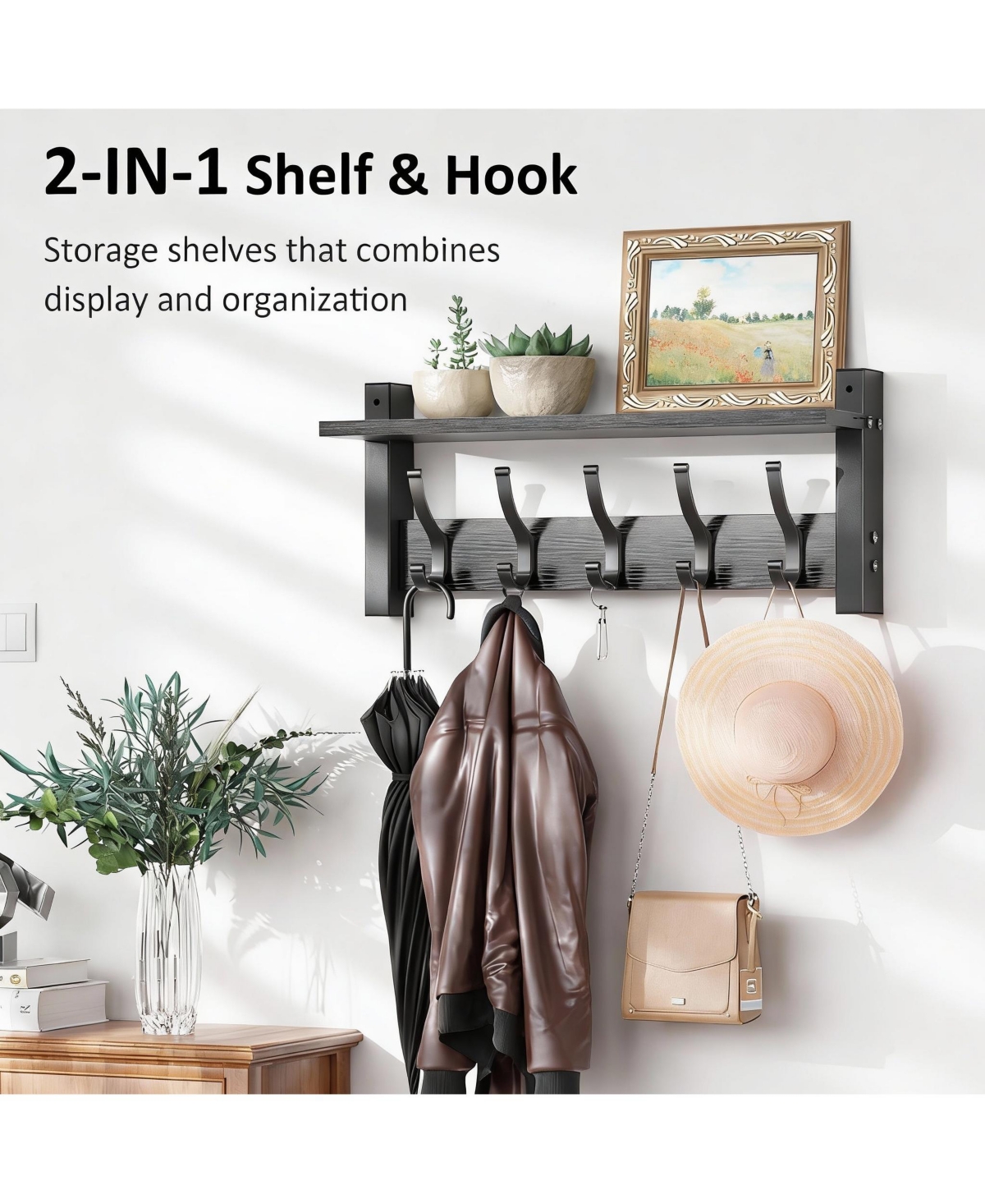 Yigii Wooden Coat Rack with Shelf, 5 Hooks, 55lbs Capacity, Space-Saving, Diy