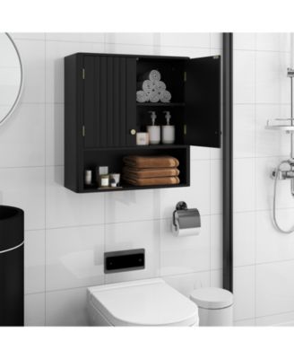 Fluted Bathroom Wall Storage Cabinet with Open Shelf Organizer