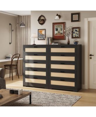 5 Drawer Rattan Dresser for Bedroom Dresser with Power Outlets Wood Dresser Chest of Drawers with Metal Handles for Living Room Closet