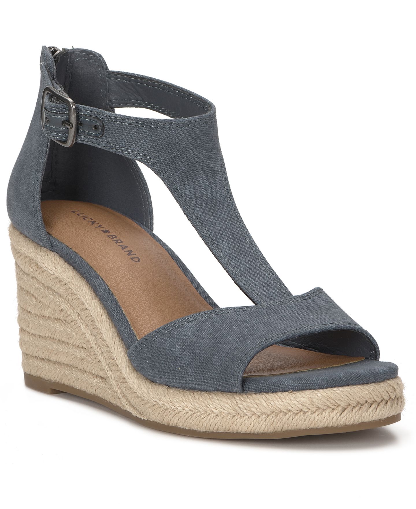 Женские сандалии Lucky Brand Cyleste T-Strap Espadrille Wedge, цвет: Тёмно-синий холщовый — фото 1