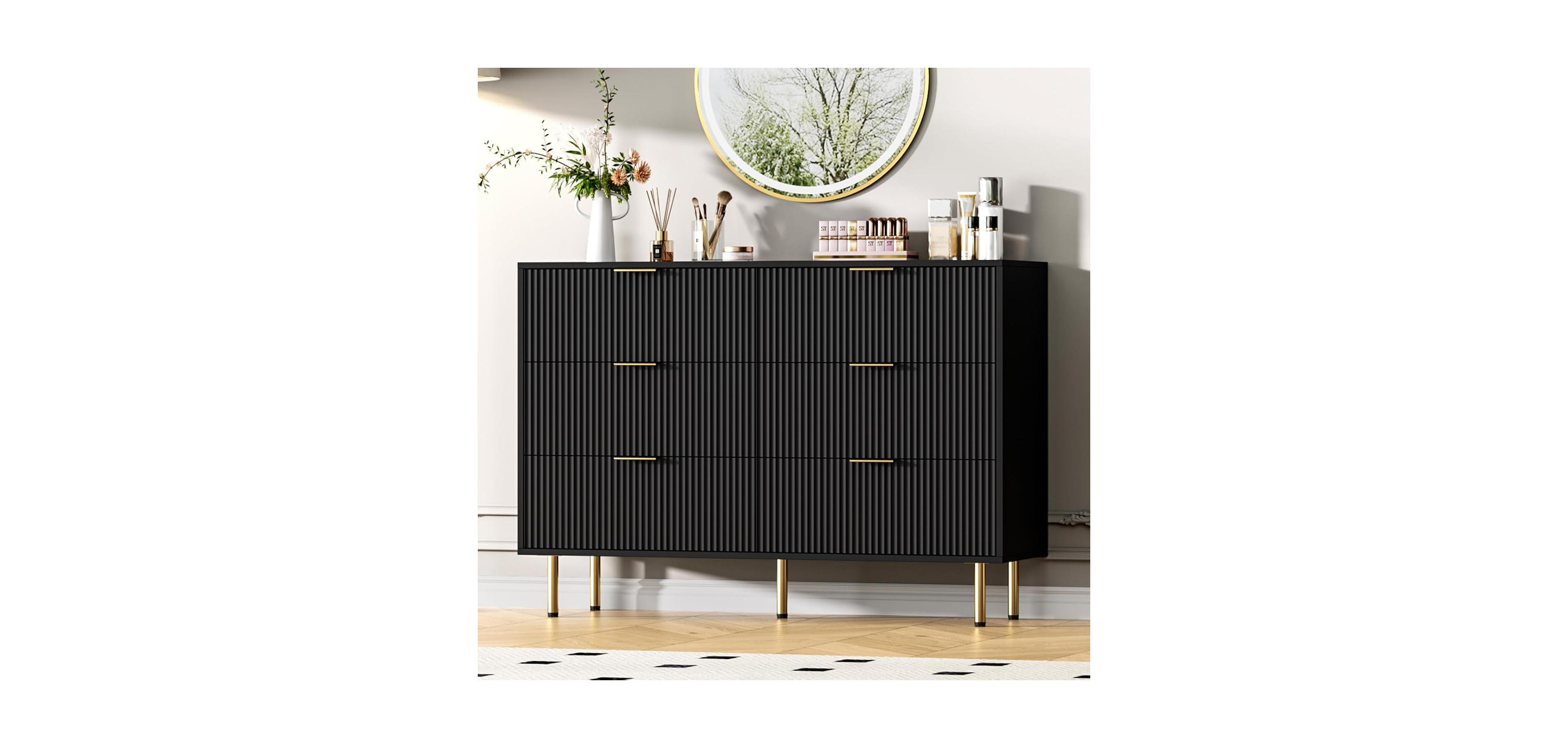 gaomon 6-Drawer Fluted Dresser for Bedroom, Modern Chest of Drawers with Gold Handles, Wood Storage Organizer Living Room, Closet, or Hallway