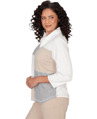 Petite Quarter Zip Collared Patchwork Top