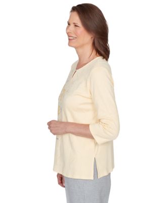 Petite Asymmetrical Floral Embroidered Split Neck Top