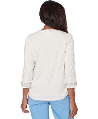 Petite Medallion Embroidered Ruched Split Neck Henley Top