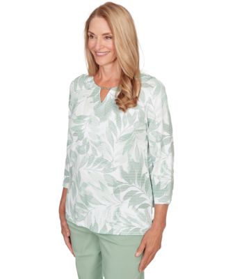 Petite Monotone Leaf Print Split Neck Top