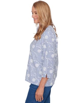 Petite Classics Puff Print Pinstripe Embroidered Collared Top