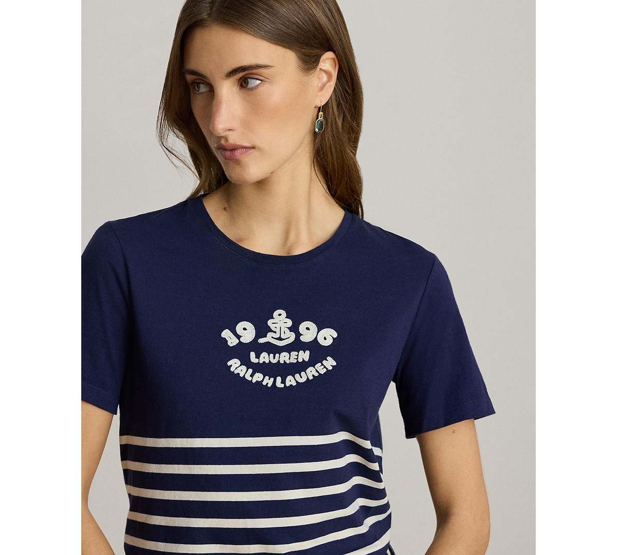 Lauren Ralph Lauren Petite Katlin Striped Embroidered Logo T-Shirt