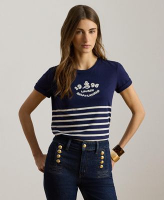Petite Katlin Striped Embroidered Logo T-Shirt