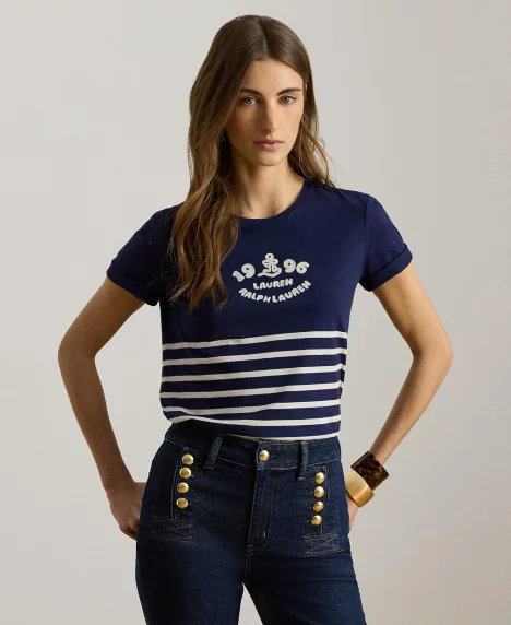 Petite Striped Embroidered-Logo Jersey Tee - Refined Navy/Mascarpone Cream