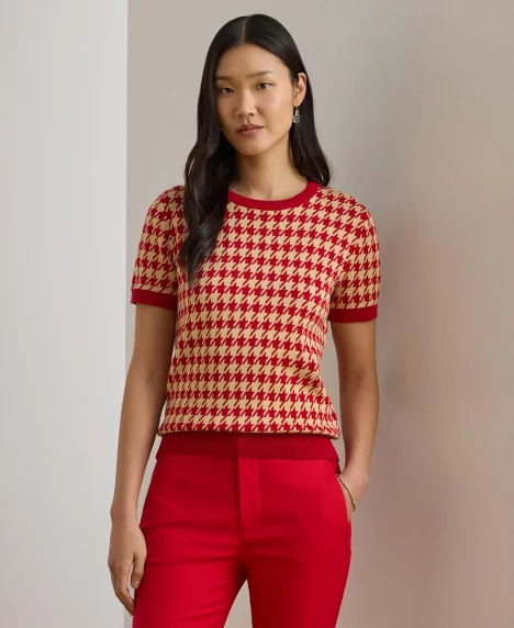 Petite Houndstooth Short-Sleeve Sweater  - Red/Tan