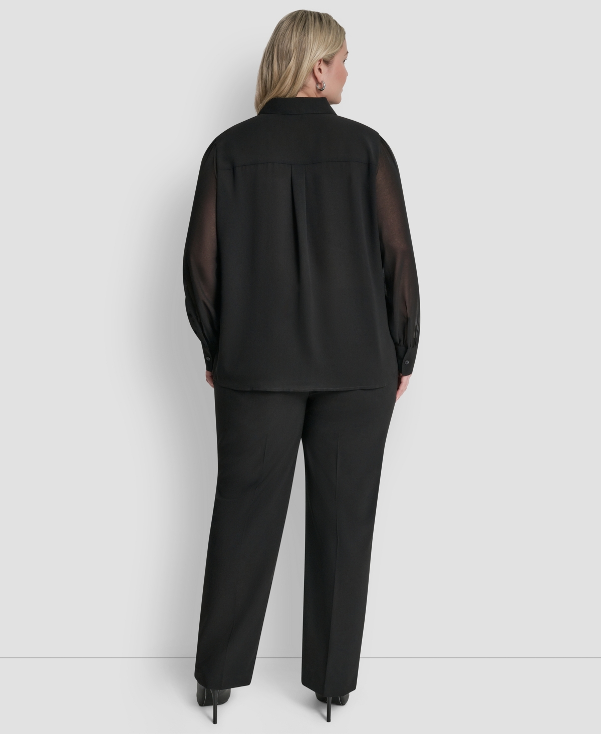 Dkny Plus Collared Ruffle Detail Long-Sleeve Top