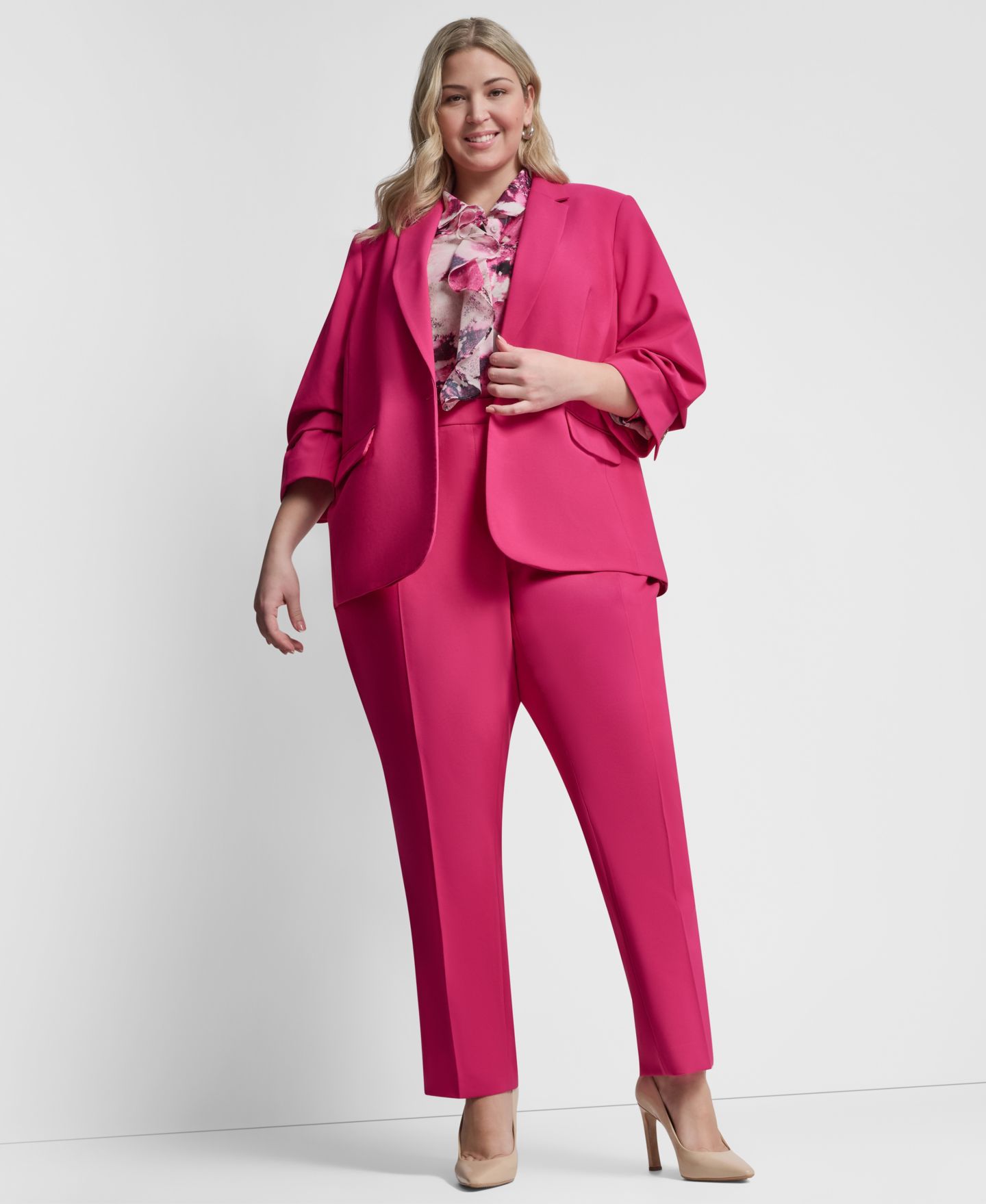 Женский пиджак DKNY Plus Size 1-Button Ruched-Sleeve Blazer, цвет: Розовый — фото 3