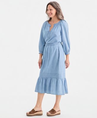 Women's Cotton Chambray Pull-On Midi Skirt
