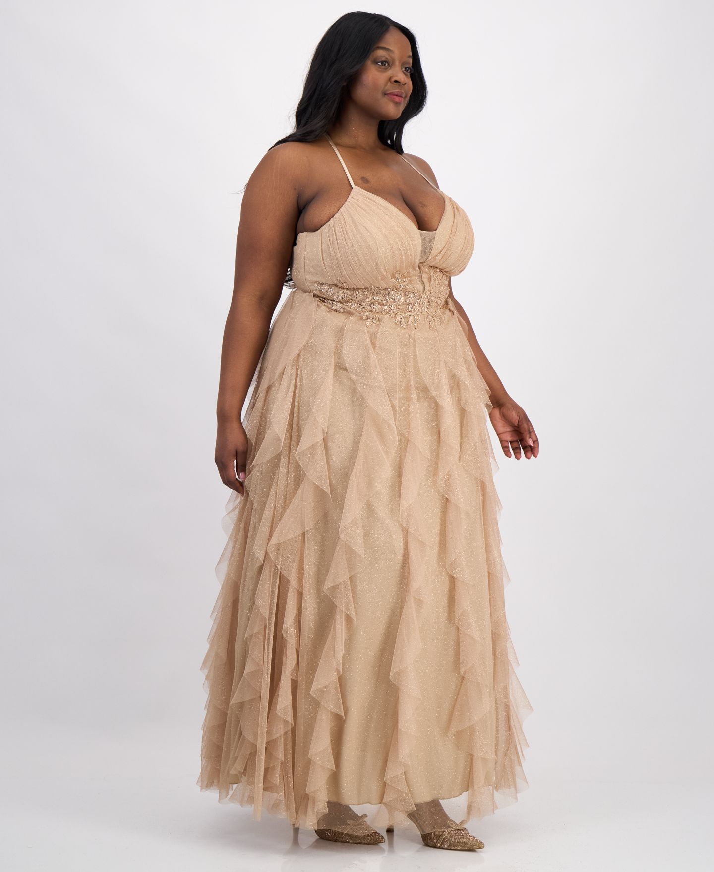 Женские платья pear culture Trendy Plus Size Glitter-Mesh Lace-Up-Back Gown, цвет: Золотой — фото 5
