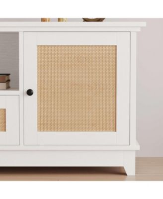 Rattan TV Stand, Boho Entertainment Center for 65 Inch TV, TV Console with 2 Cabinets & Adjustable Shelf