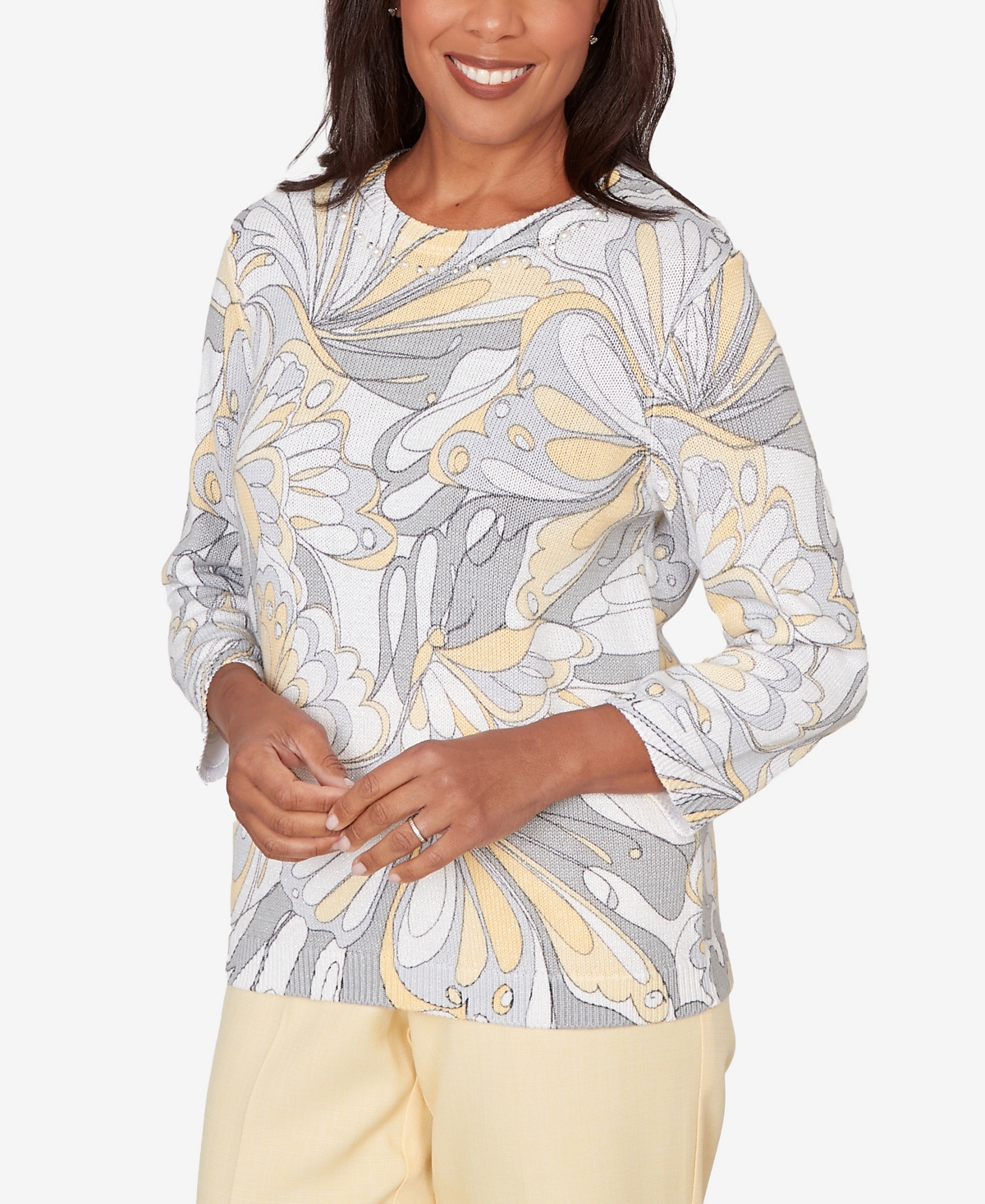 Alfred Dunner Petite Al Fresco Abstract Butterfly Ribbed Crew Neck Sweater