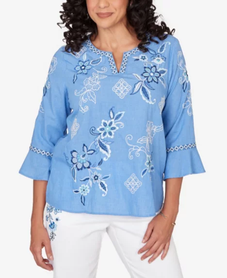 Petite Mykonos Floral Textured Embroidered Split Neck Top - Light Blue