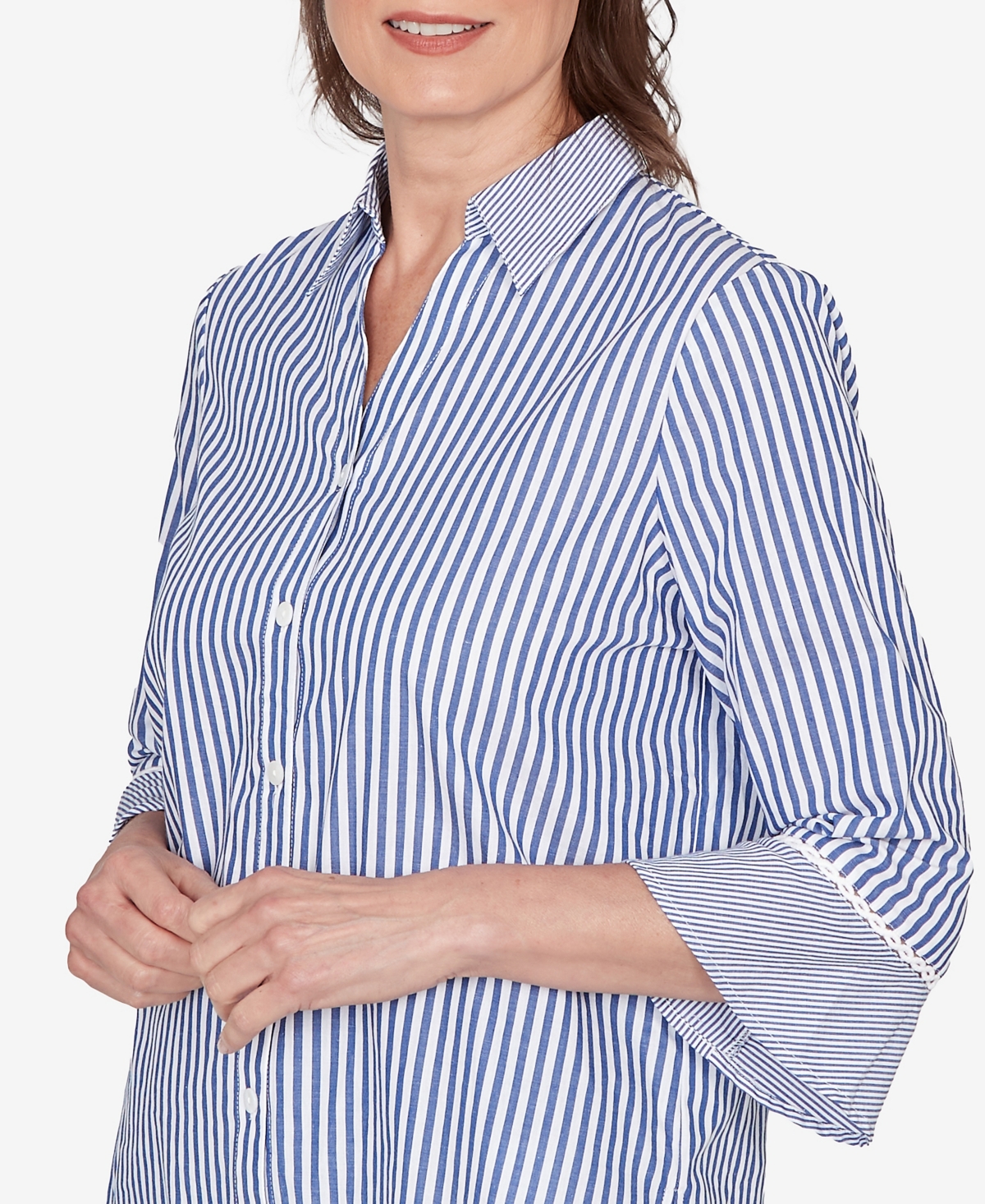 Alfred Dunner Petite Mykonos Mixed Stripe Button Front Lace Trim Top