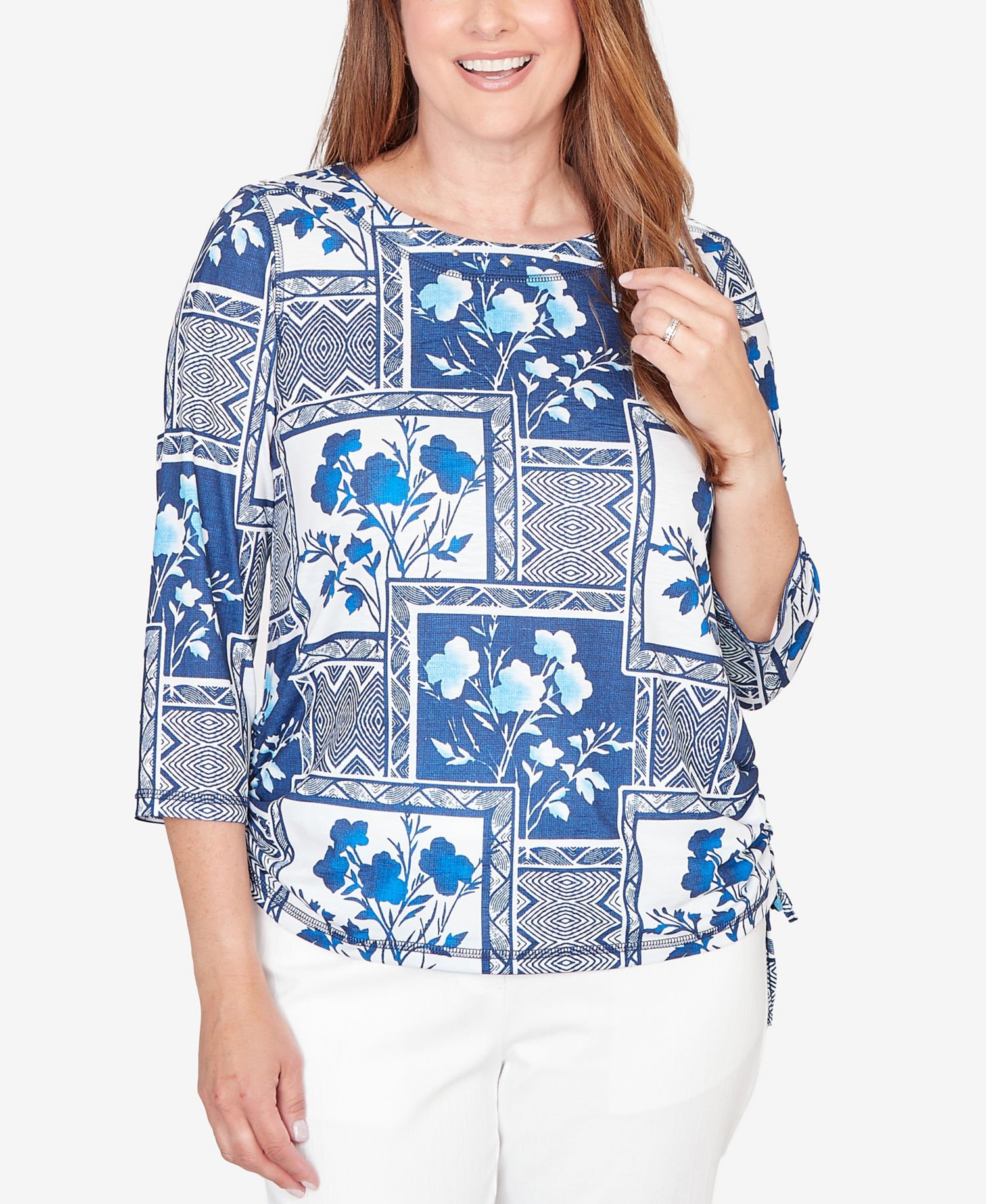 Petite Mykonos Framed Floral Ruched Side Tie Top