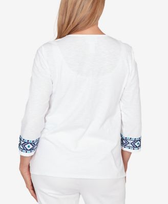 Petite Mykonos Scroll Embroidered V-Neck Top