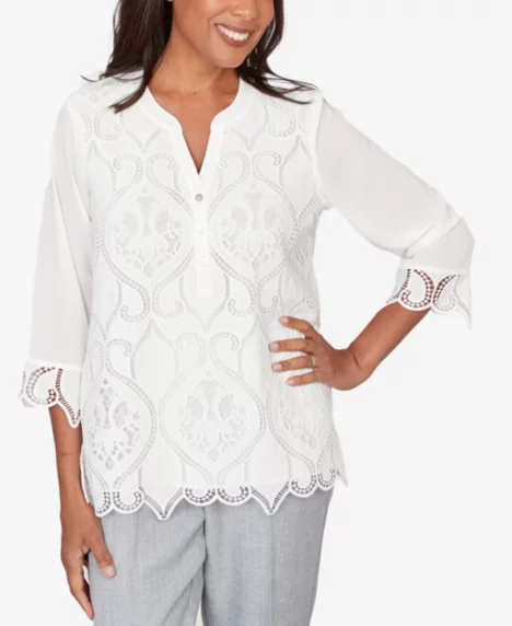 Petite Al Fresco Lace Cut Out Front Henley Top - White