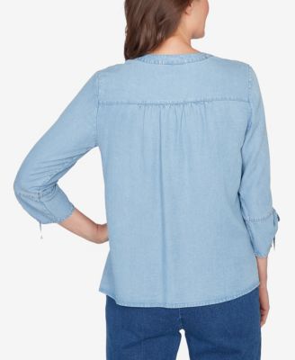 Petite Austin Floral Embroidered Tie Sleeve Henley Top