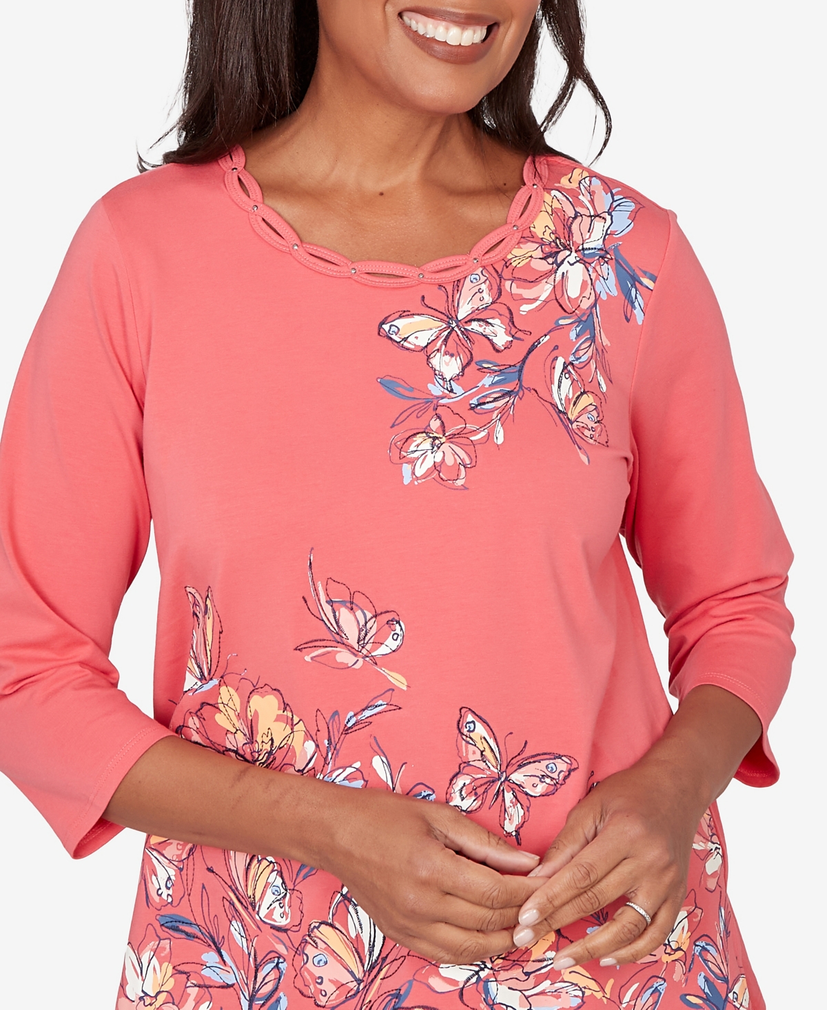 Alfred Dunner Petite Austin Asymmetric Etched Floral Knit Top