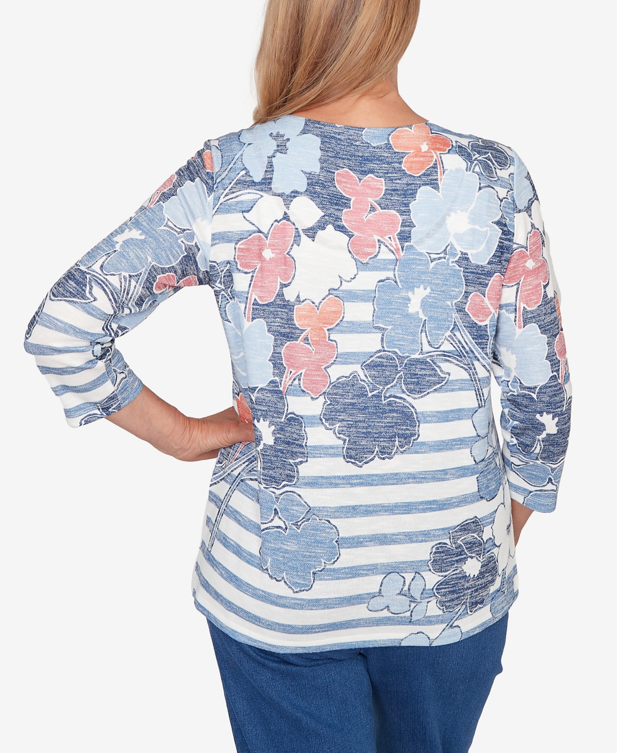 Alfred Dunner Petite Austin Stripe Floral Split Neck Knit Top