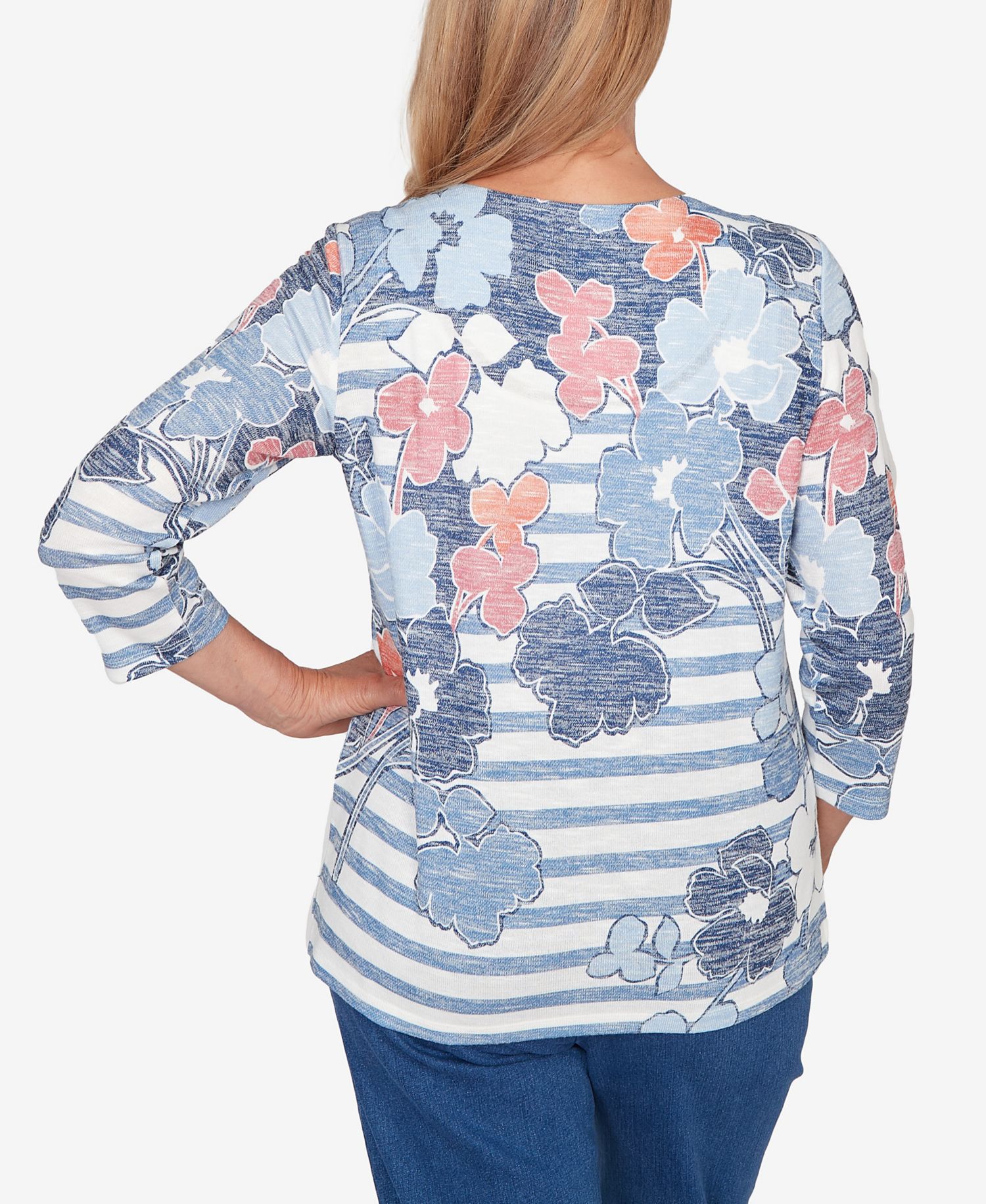 Petite Austin Stripe Floral Split Neck Knit Top