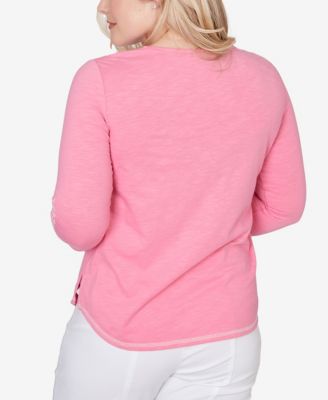 Petite The Royal Treatment Embroidered Split Neck Three Quarter Sleeve Top