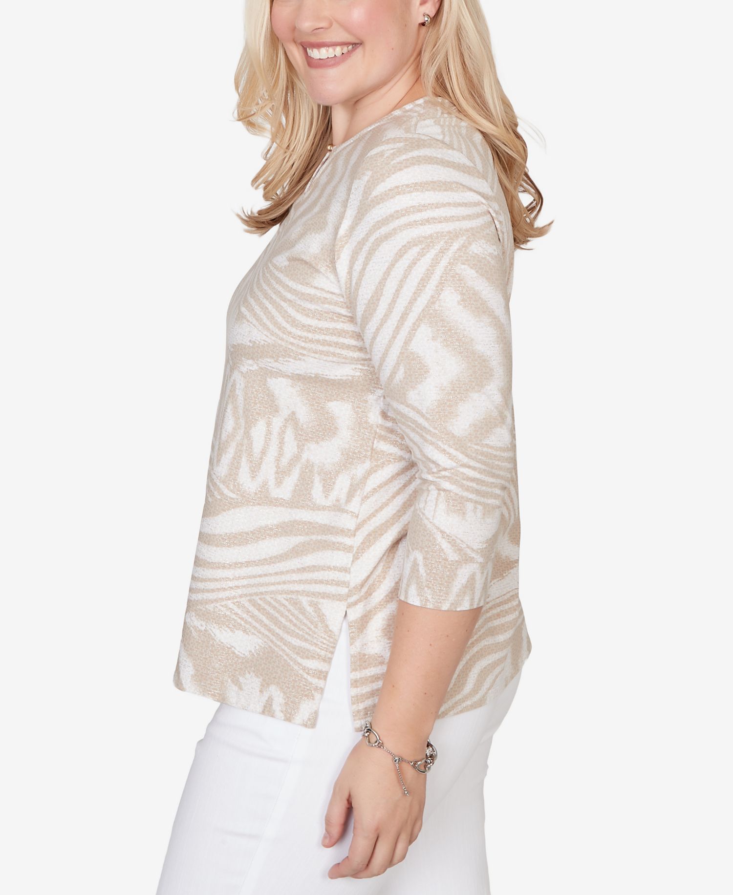 Petite Natural Wonder Animal Print Split Neck Beaded Top