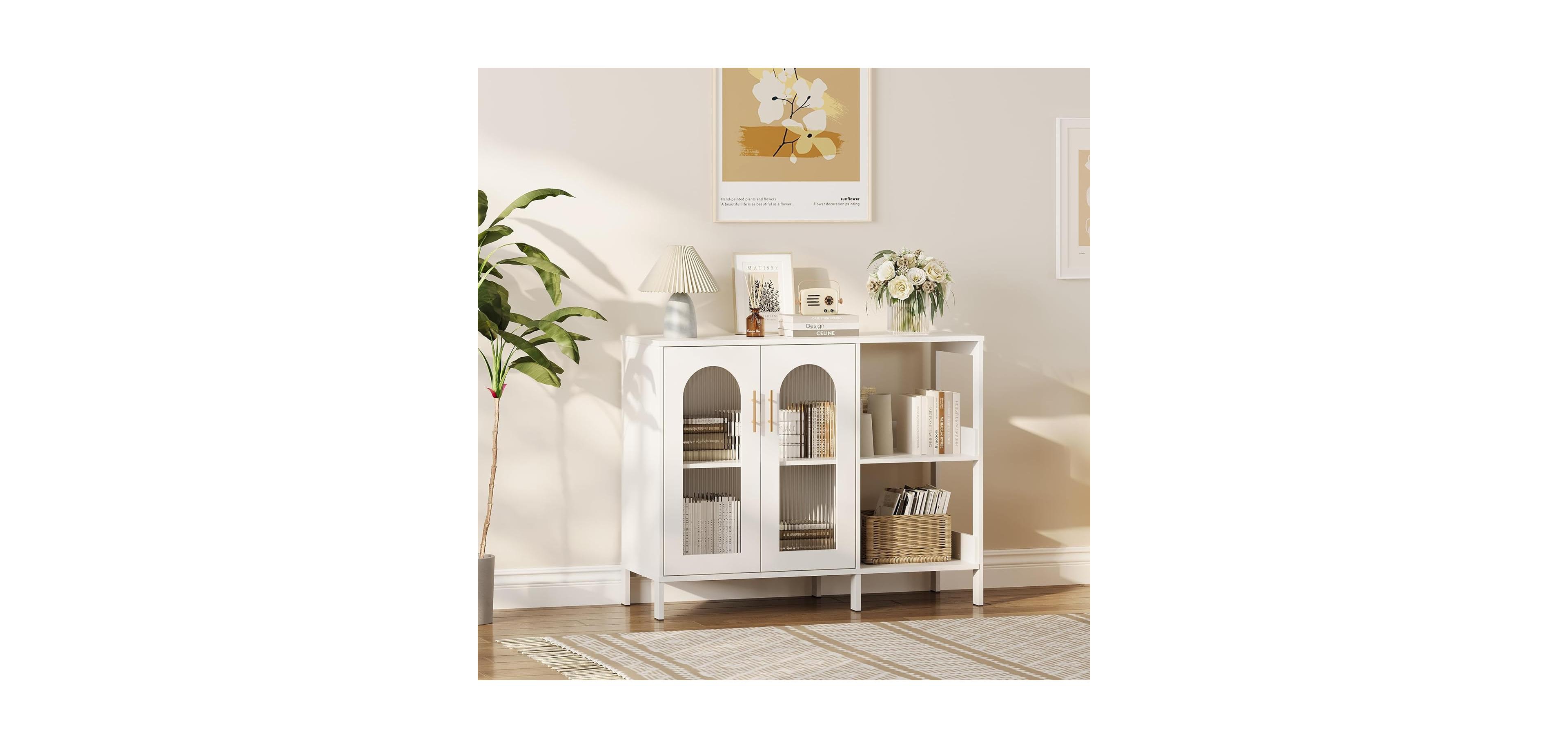 gaomon Buffet Sideboard Cabinet, Wooden Storage Cabinet with Glass Doors, Two Metal Handle, Storage Cabinet with Adjustable Shelves, Modern Sideboard