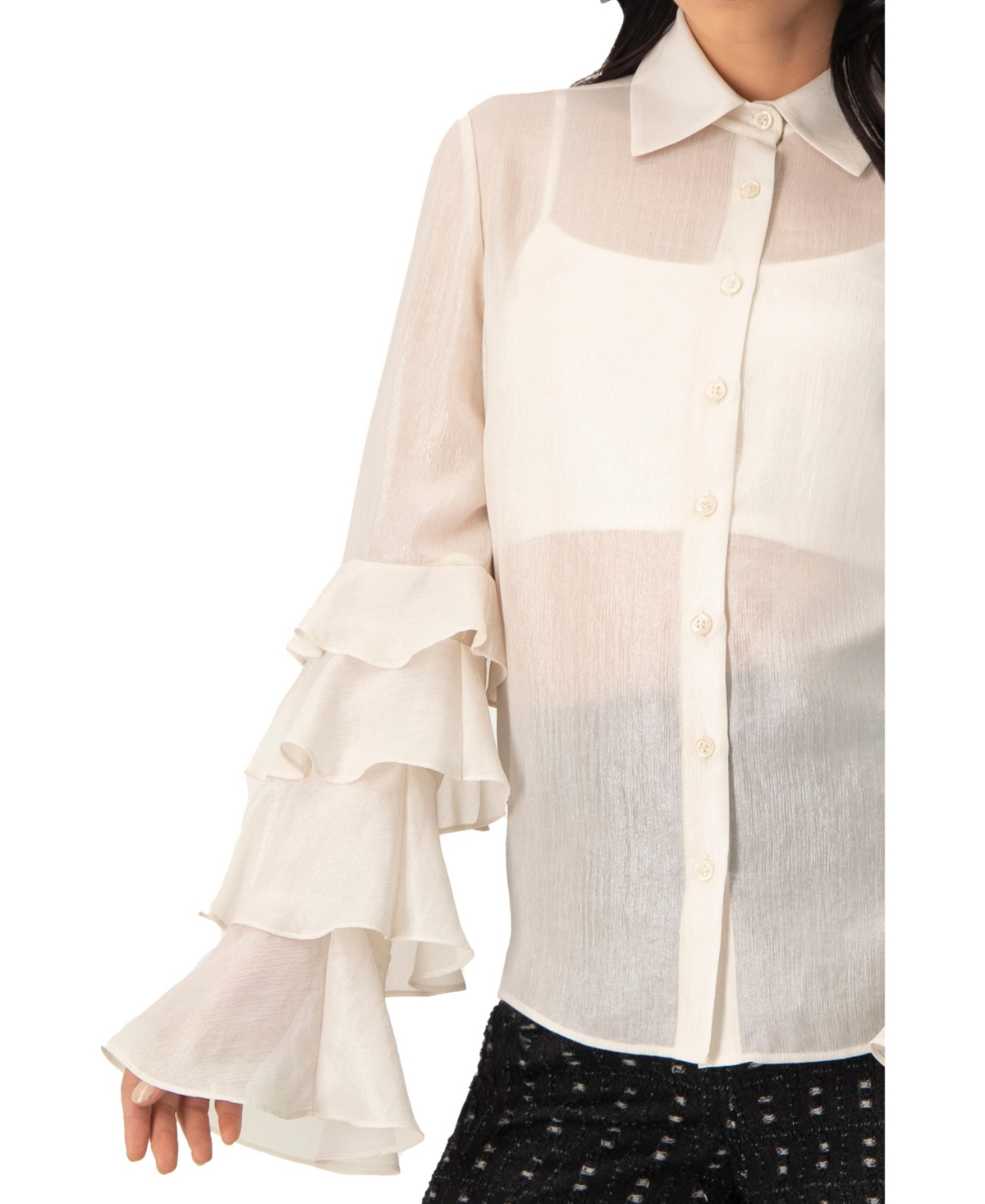 Ivonne Women's Sheer Shirt with Tiered Ruffle Sleeves