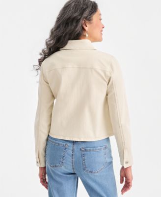 Petite Cropped Embroidered Denim Collared Jacket