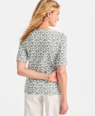 Women's Printed Boat-Neck Elbow-Sleeve Top