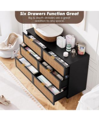 Rattan 6 Drawer Dresser for Bedroom, Long Double Chest with Deep Drawers and Wide Top for Living Room or Kids Room
