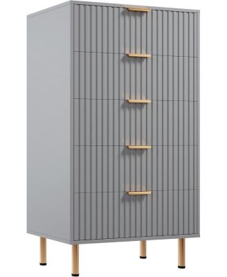 Fluted 5 Drawer Storage Dresser, Tall Chest with Deep Drawers and Wide Top, Wooden Organizer for Living Room or Kids Room