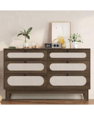 Coffee Brown Rattan 6-Drawer Dresser, Oak Storage Cabinet for Entryway, Bedroom, Living Room & Hallway