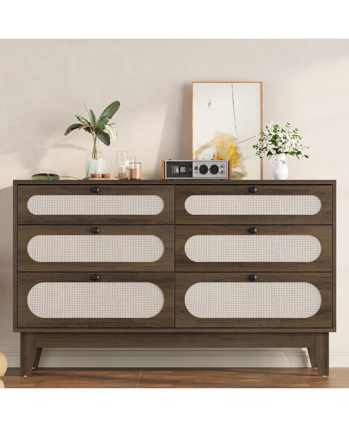 Gaomon Coffee Brown Rattan 6-Drawer Dresser, Oak Storage Cabinet for Bedroom