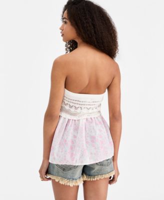 Juniors' Strapless Crochet Sweater Peplum Top