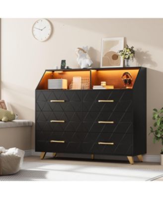 47" Chest of Drawers, Lighted 6 Drawer Dresser with Charging Station and Storage Shelf, Wooden Dresser, 5 Metal Legs, Modern Drawer Cabinet
