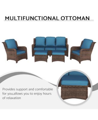 5 Piece Rattan Outdoor Sectional Conversation Set 3 Seat Couch 2 Single Chairs 2 Ottomans Bron Peacock Blue for Lawn Balcony Garden Backyard