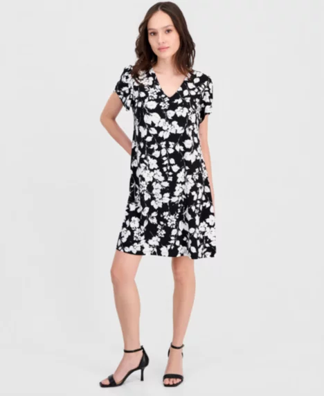 Petite Tulip-Sleeve Printed Swing Dress - Anne Black/ White Dove