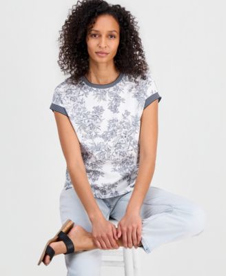 Women's Toile Contrast-Trim Short-Sleeve Top