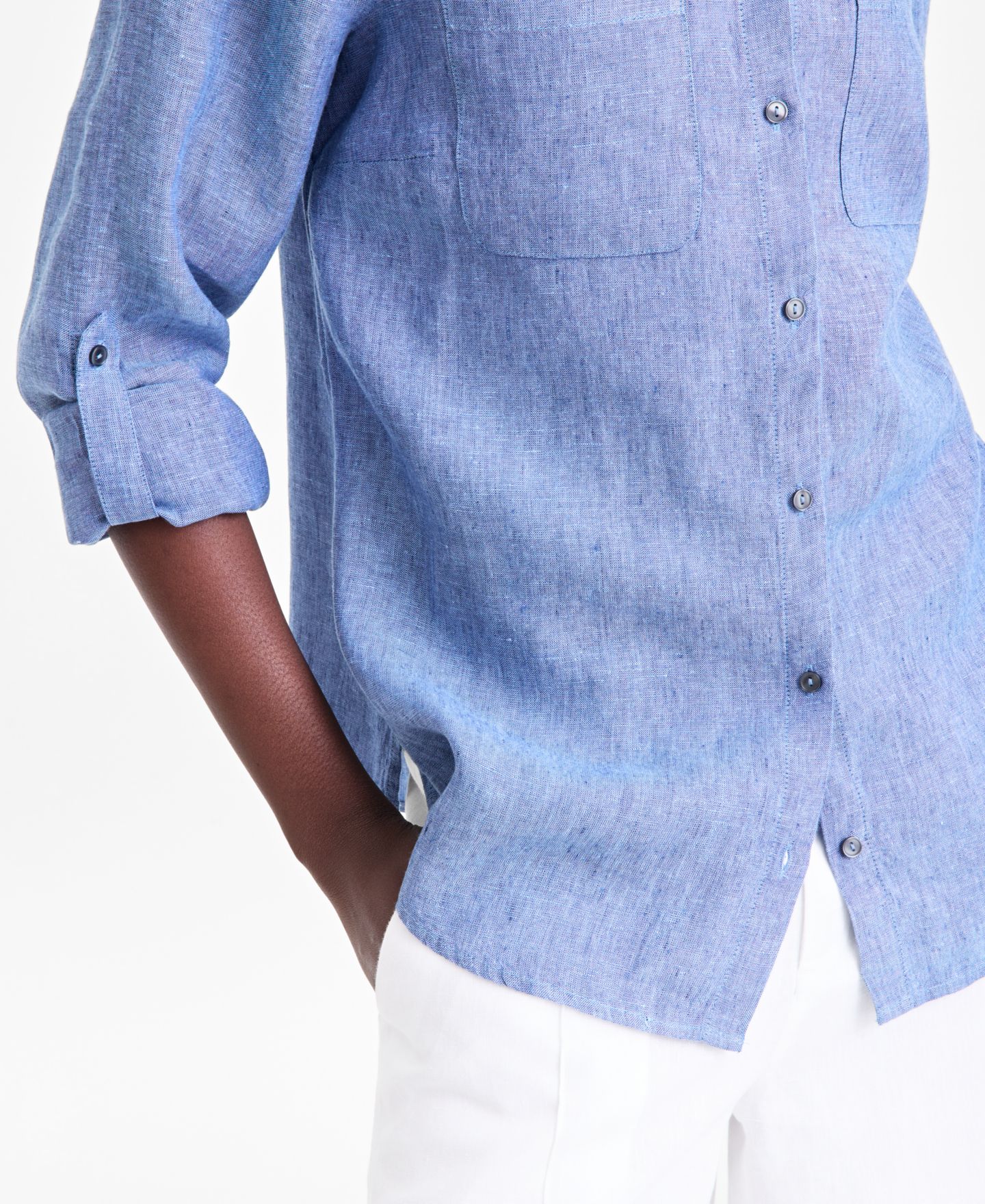 Женская рубашка Charter Club Petite 3/4-Sleeve Roll-Tab Linen, цвет: Синий океанский — фото 3