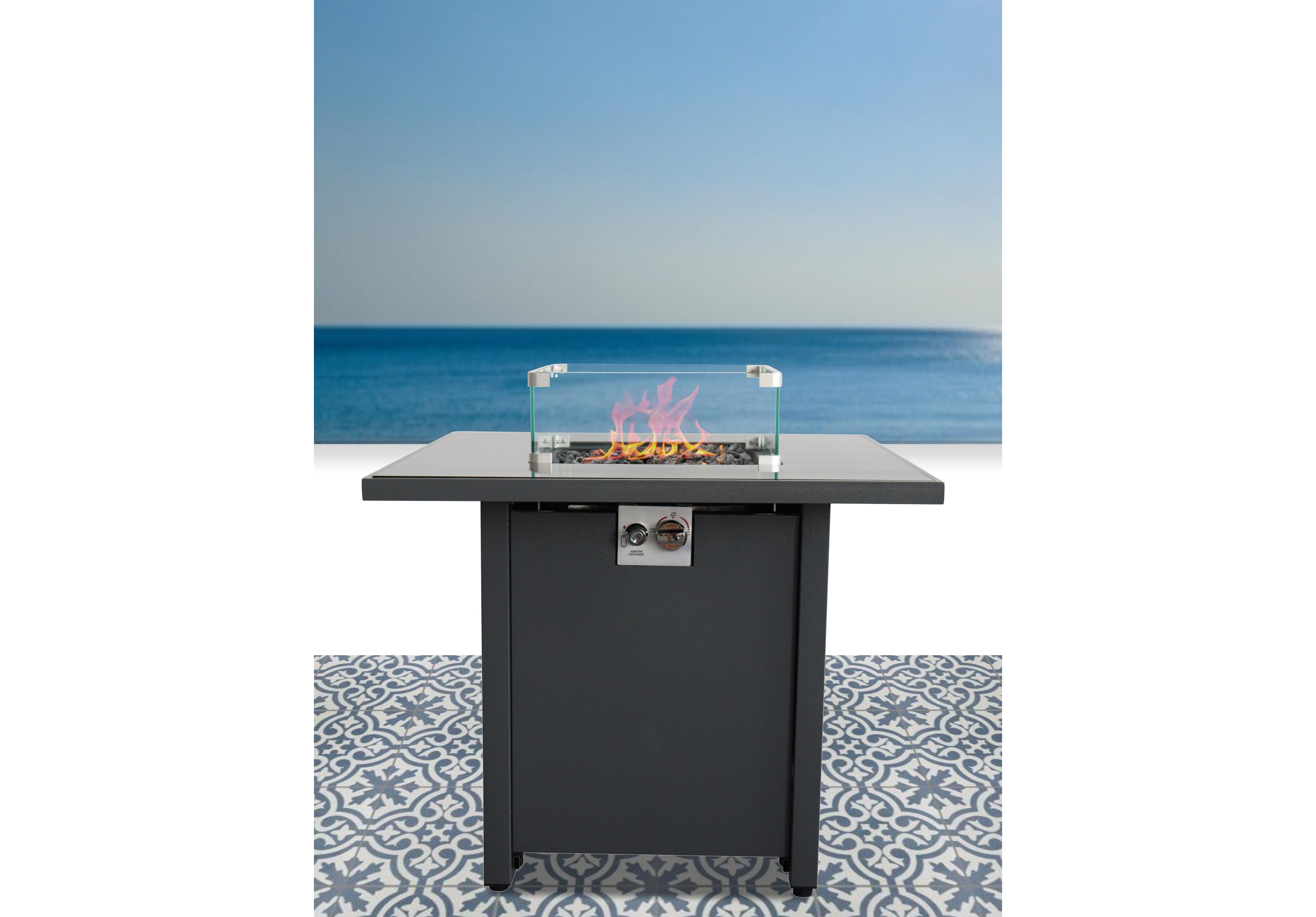 Flynama 30 Inch W 25 Inch H Steel Outdoor Fire Pit Table with Lid Smoked Glass Top Push Button Ignition Propane Natural Gas
